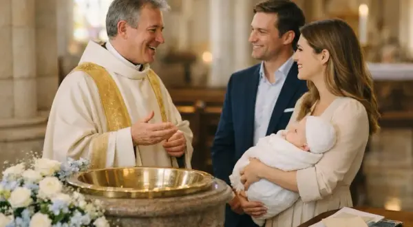 Un prêtre souriant discute avec les parents d'un bébé emmailloté, près d'une vasque baptismale. Une scène émouvante pour le prix bapteme eglise.