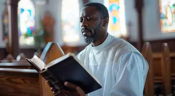 Un homme en robe blanche lit un livre dans une église, peut-être en se renseignant sur les conditions du baptême catholique.