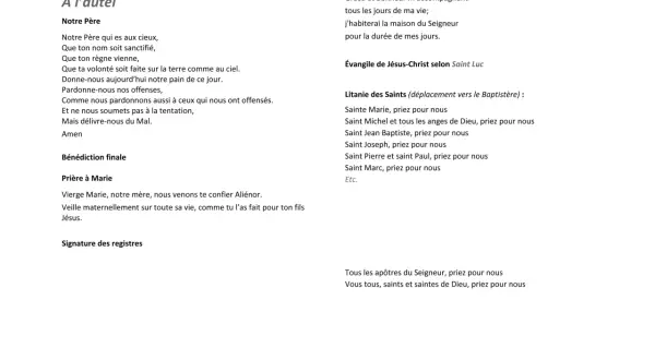 Extrait d'un livret de messe baptême : prières, litanies des saints et évangile.