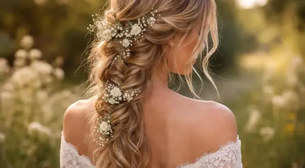 Coiffure bohème chic avec tresse ornée de petites fleurs blanches. Une mariée rayonnante dans un décor champêtre.