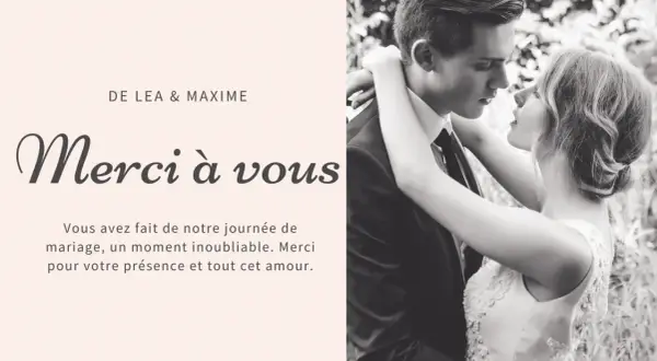 Carte de remerciements mariage de Léa & Maxime. Le couple s'embrasse tendrement.