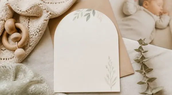 Une carte vierge avec des motifs floraux, prête pour un faire part naissance. Un hochet en bois et une photo de bébé endormi complètent la scène.