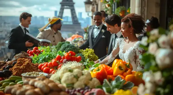 Un couple rayonnant devant la Tour Eiffel, entouré de fruits et légumes frais. Un beau symbole de leur mariage avec un étranger, célébrant la diversité et l'abondance.