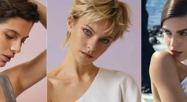 Trois femmes présentent des coiffures de mariage simples et chics. L'une a une tresse, l'autre un chignon flou, et la troisième des cheveux courts et lissés.