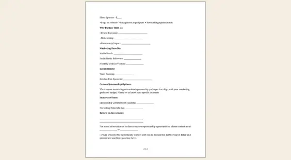 Exemple de lettre de parrainage gratuit. Ce document détaille les avantages pour les partenaires, les bénéfices marketing et l'historique des événements.