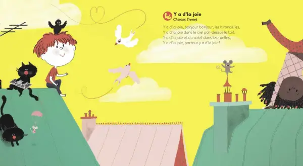 Sur les toits, un garçon, des chats musiciens et une acrobate célèbrent la joie. Une chanson marrante pour soirée !