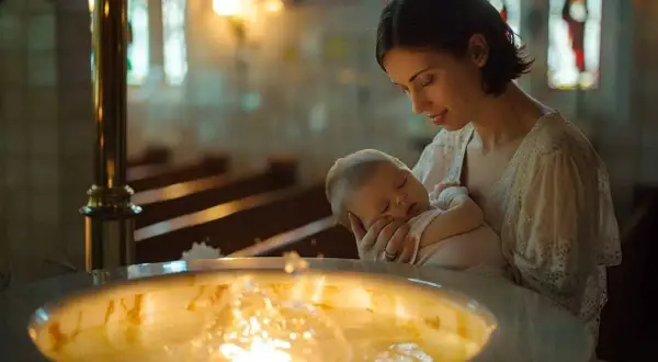 Une marraine tient un bébé endormi près des fonts baptismaux. Le moment est solennel, comme un discours marraine bapteme.