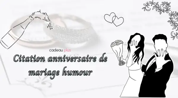 Bouteille de champagne pétillante, alliances scintillantes et couple stylisé. Idéal pour des citations mariage humour.