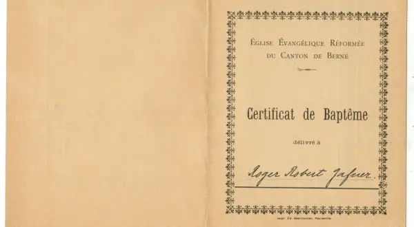 Certificat de baptême de l'Église Évangélique Réformée du Canton de Berne, délivré à Roger Robert Jafner.