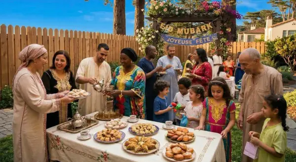 Famille réunie pour la fete de l'Aid, partageant thé et pâtisseries sous une arche décorée de fleurs.
