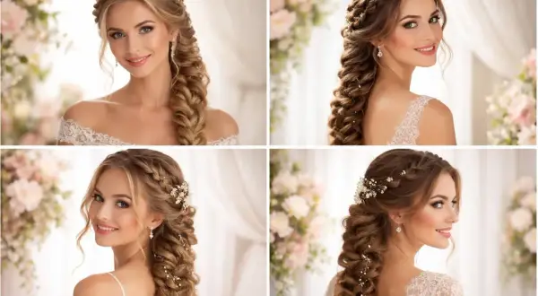 Jolie mariée avec une demi tresse élaborée, ornée de perles et de fleurs, prête pour son grand jour.