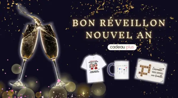 Verres de champagne pétillant pour le 31 décembre, avec des cadeaux personnalisés : t-shirt, mug et cadre photo familial.