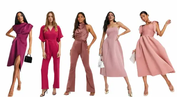 Cinq femmes portent des tenues élégantes dans des tons roses, parfaites pour un dress code rose.