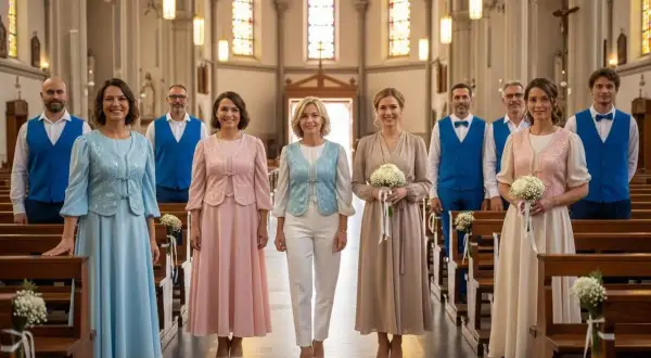 Des femmes en robes pastel et des hommes en gilets bleus dans une église. Idées pour comment s'habiller pour une communion.