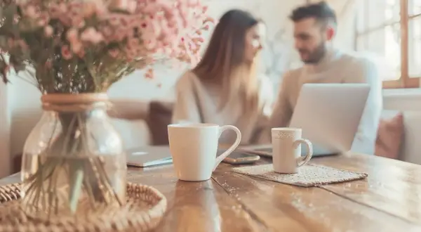 Un couple discute devant un ordinateur portable, entouré de tasses et de fleurs roses. Ils planifient leur préparatif mariage.