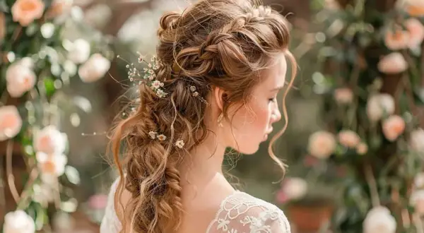 Une mariée avec une demi queue de mariage tressée, ornée de petites fleurs, et une robe en dentelle, dans un décor floral romantique.
