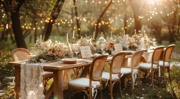 Table dressée pour un mariage champêtre, avec des fleurs, des bougies et des guirlandes lumineuses dans un décor naturel.