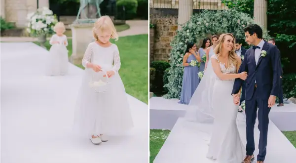 Petites filles en robe blanche ouvrent le cortege mariage, suivies par les mariés.