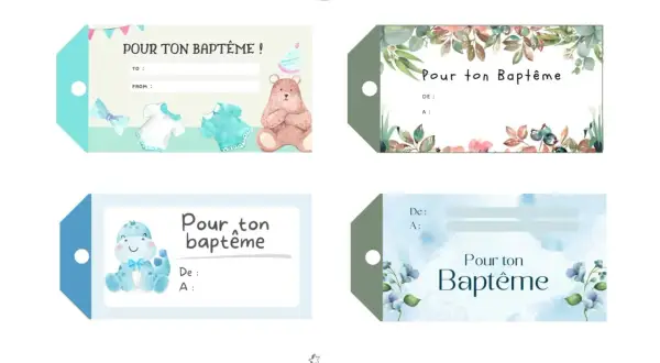 Quatre étiquettes baptême gratuites à imprimer avec des motifs d'oursons, de dinosaures et de fleurs.