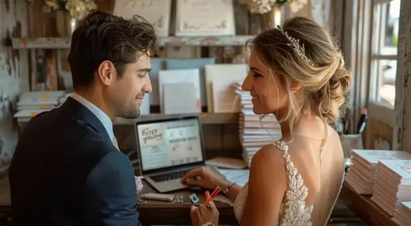 Un jeune couple, mariés, travaille sur un ordinateur pour finaliser le design de leur livret de messe de mariage.