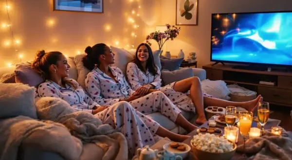 Trois amies en pyjama profitent d'une soirée film confortable, une excellente idée pour comment organiser une soirée pyjama. Popcorn, bougies et boissons sont prêts.
