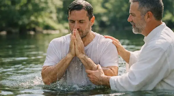 Un homme est baptisé dans une rivière, mains jointes en prière. Un autre homme, le prêtre, pose une main sur son épaule. Une scène évoquant les trois types de baptême.