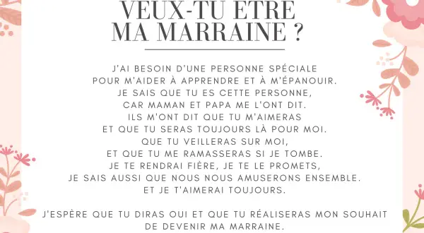 Texte d'une demande de marraine : "Veux-tu être ma marraine ?" avec des promesses d'amour et de jeux.