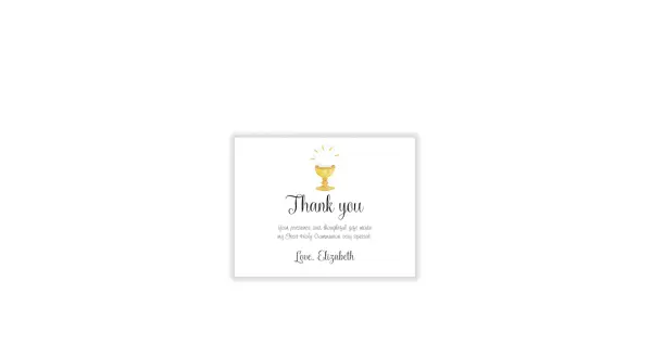 Carte de remerciement pour une communion avec un calice doré et le texte "Thank you".