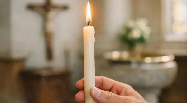Main tenant une main pour allumer un cierge dans une église, avec une croix en arrière-plan.