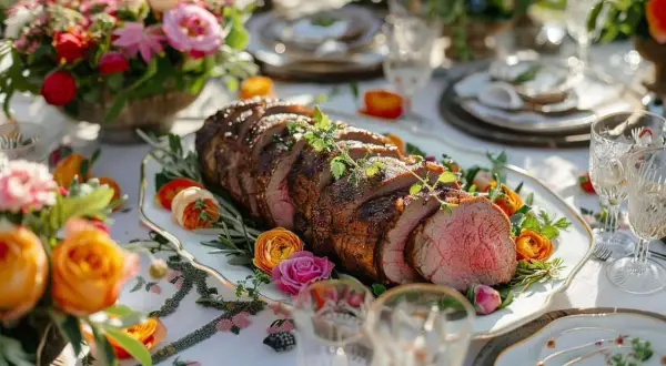 Un rôti de bœuf tranché, garni d'herbes, sur un plateau, entouré de fleurs colorées. Un exemple de menu de mariage original pour un repas en plein air.