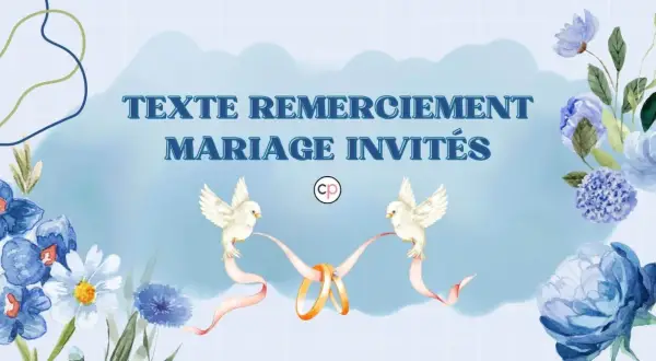 Texte remerciement mariage : deux colombes portent des rubans roses qui soutiennent des alliances. Fleurs bleues et blanches décorent le fond.