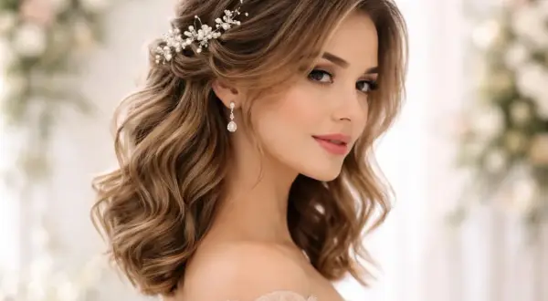 Coiffure mariage cheveux mi long avec un bijou de tête nacré et des boucles douces. Une mariée rayonnante.