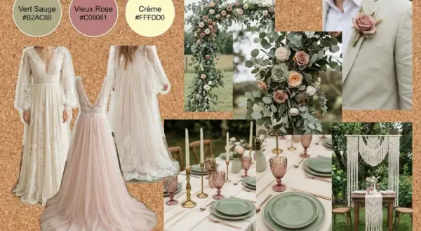 Inspiration mariage champêtre : robes fluides, bouquet de roses et eucalyptus, table dressée, costume clair.