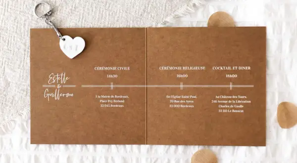 Un faire-part mariage champêtre à faire soi-même, avec les noms Estelle & Guillermo, détails des cérémonies et lieux.