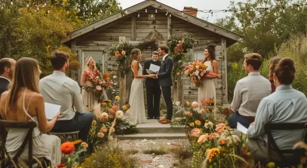 Cérémonie laïque en plein air. Le texte officiant cérémonie laïque humour est lu par l'officiant, sous le regard amusé des mariés et des invités.