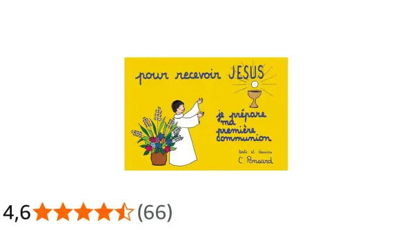 Illustration d'une enfant en robe blanche, mains levées, devant un bouquet de fleurs et une hostie. Texte "je prépare ma première communion".