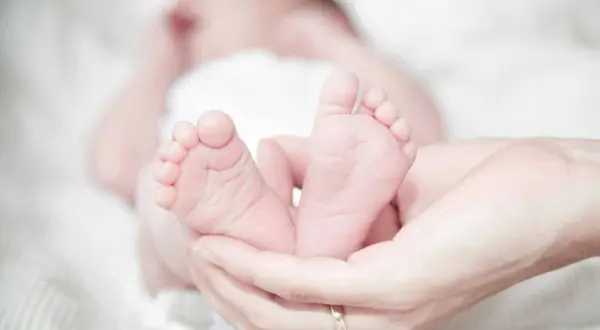 Les petits pieds d'un nourrisson de 40 jours, tendrement tenus dans des mains. Une image évoquant la douceur et la pureté, souvent associée aux traditions islamiques.