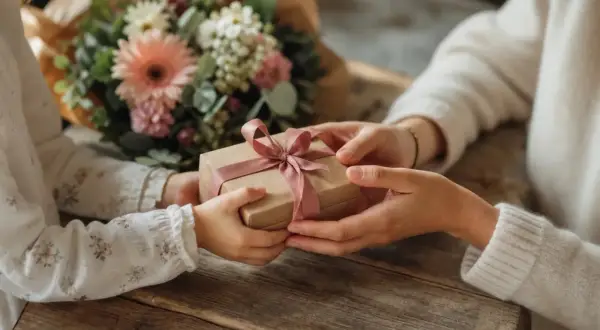 Un enfant offre un cadeau à sa marraine, un geste tendre comme une parole de chanson. Un bouquet de fleurs est posé à côté.