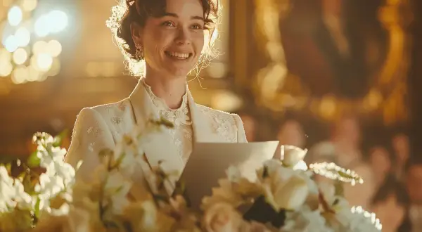 Une femme souriante, vêtue d'une tenue élégante, semble prononcer un discours de mariage. Des fleurs ornent le premier plan.