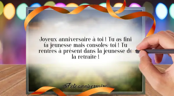 Un texte anniversaire sympa pour souhaiter une joyeuse retraite, avec un ruban orange sur un fond festif.