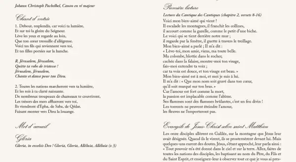 Page de livret de messe de mariage avec textes religieux et titres en calligraphie.