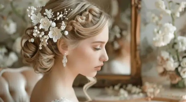 Une mariée aux cheveux blonds, coiffure crantée ornée de fleurs et de perles, porte des boucles d'oreilles scintillantes.