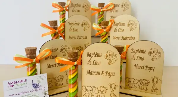 Des contenants à dragées personnalisés pour un baptême, avec des petits animaux gravés et des dragées colorées.