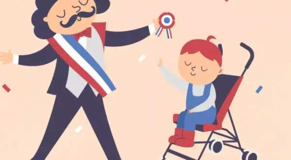 Un maire avec écharpe tricolore et un enfant en poussette. Une scène festive qui pose la question : peut-on baptiser dans une autre commune ?