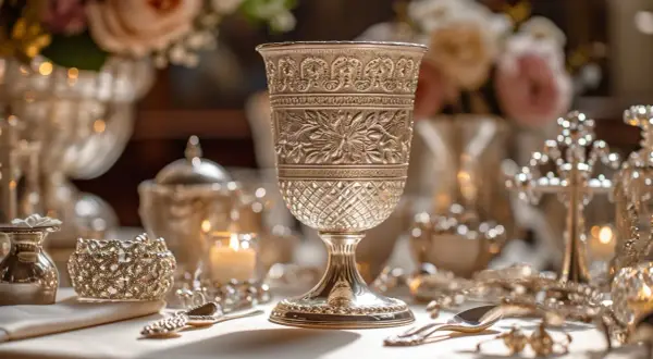 Magnifique timbale en argent, ornée de motifs floraux et géométriques. Sa présence évoque la richesse et la tradition, rappelant la signification d'un baptême.