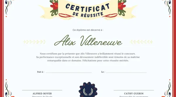 Certificat de réussite vierge pour Alix Villeneuve, soulignant sa performance remarquable. Un modèle de certificat de bapteme vierge pour célébrer les succès.