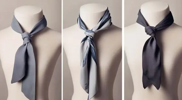 Trois mannequins présentent des foulards noués de différentes manières. Le noeud de cravate est élégamment réalisé sur chacun d'eux.