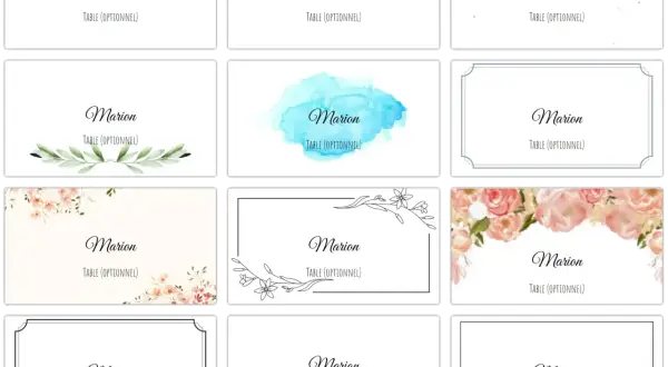 Douze modèles de marque-place gratuits avec le nom "Marion" et "Table (Optionnel)", ornés de fleurs, feuillages ou paillettes.