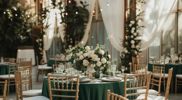 Tables dressées pour un mariage thème vert, avec nappes émeraude, bouquets de roses blanches et chaises dorées.