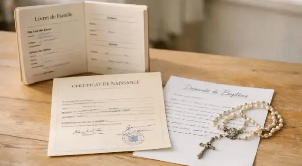 Livret de famille, certificat de naissance et demande de baptême, accompagnés d'un chapelet, sur une table en bois.